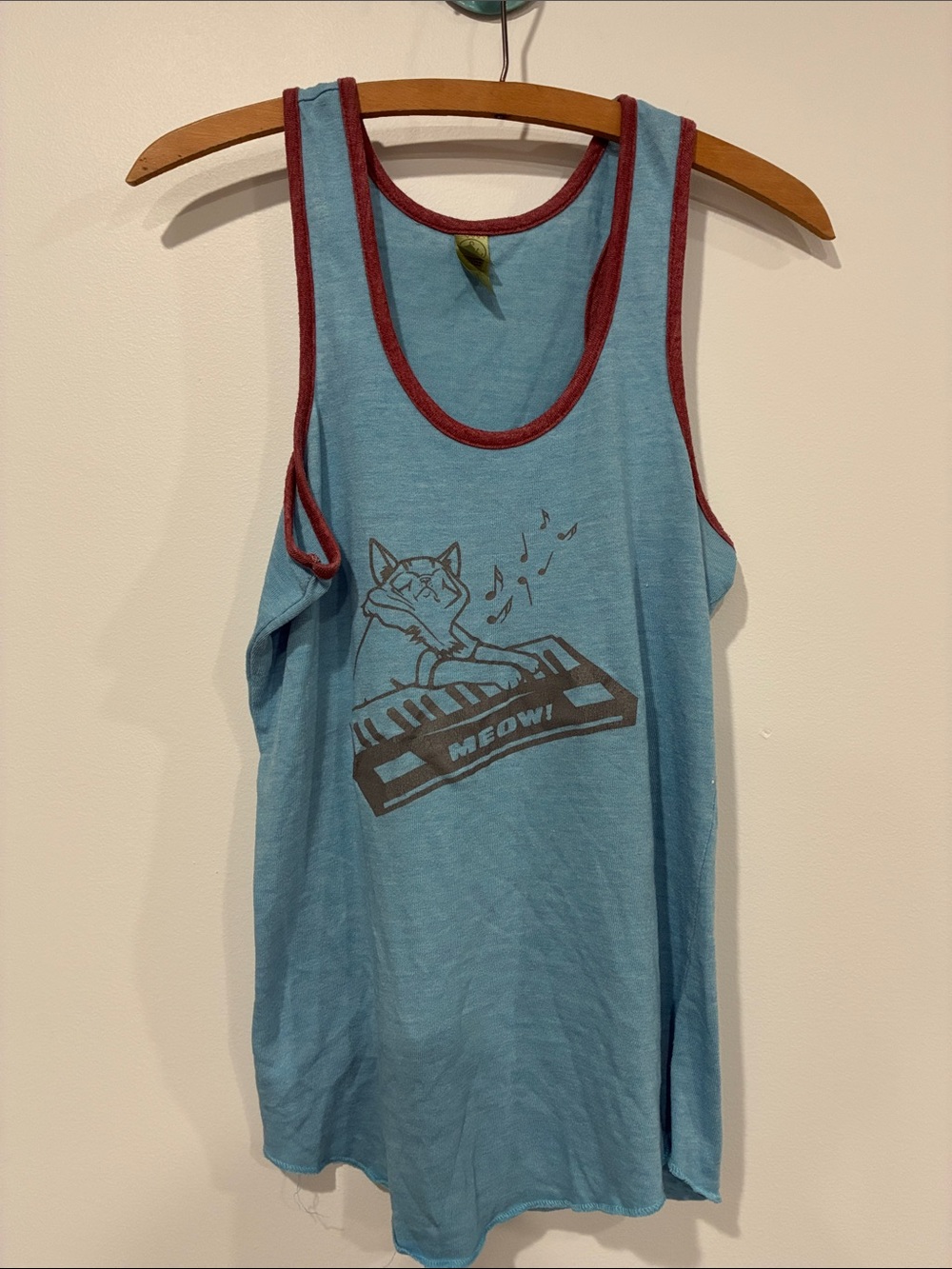 Alternative Light Blue Tank Top with Maroon Trim and Keyboard Cat Graphic